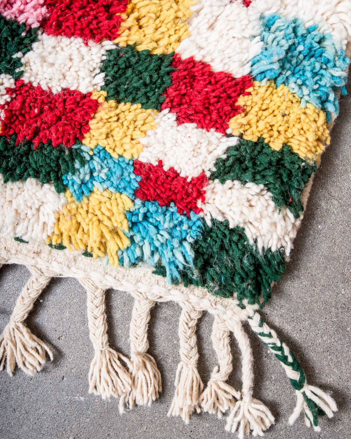 odern, designer, handcrafted Berber rug from Morocco. Beniourain carpet with beautiful colours and patterns and fluffy wool texture.